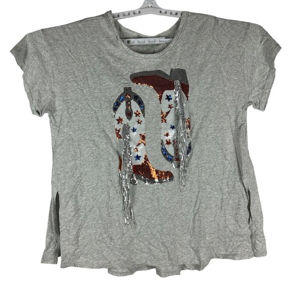 Blue B. Collection Heather Grey Sequin Cowboy Boots Fringe Tee Size Small - Picture 1 of 6